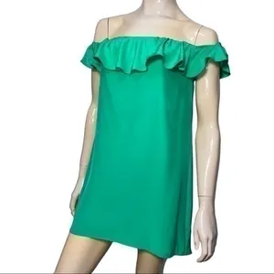 Amanda Uprichard Women’s M Emerald Green Silk Ruffle Top Off Shoulder Mini Dress thumbnail 3