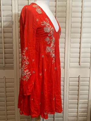 NWOT Free People Red Embroidered V-Neck Mini Babydoll Dress thumbnail 5