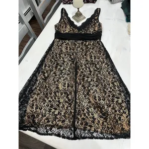 SL Fashions Womens Black Lace Gold Lining Sleeveless A-Line Midi Dress‎ Size 6 thumbnail 2