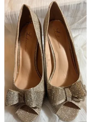 Lauren Lorraine Gold Pump Heels Bow Glitter Peep Toe Slip On Size 9 thumbnail 2