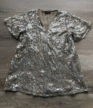 Zara Silver Sequin V-Neck Mini Swing Dress Womens Sz Medium Holiday New Year thumbnail 1