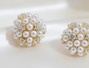 Gold and White Pearl Cluster Stud Earrings - Timeless Floral Design thumbnail 1