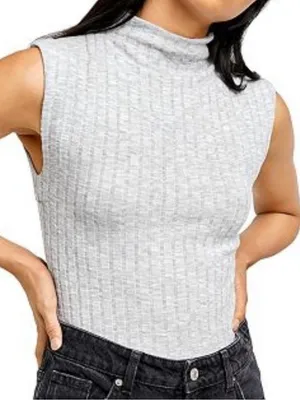 NWT Free People Babetown Gray Ribbed Mock Neck‎ Sleeveless Tank Sz L thumbnail 1