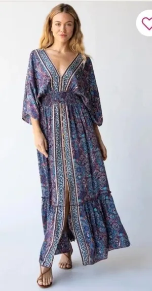Natural Life Celia Maxi Dress XS Paisley Boho Smocked Kimono Sleeve Blue Red thumbnail 1