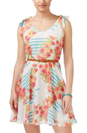 NWT City Studios Juniors Belted Floral-Print Fit & Flare Dress Blue Multi 3 thumbnail 1
