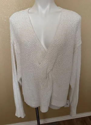 Free People Cream V-Neck Knit Cotton Sweater thumbnail 1