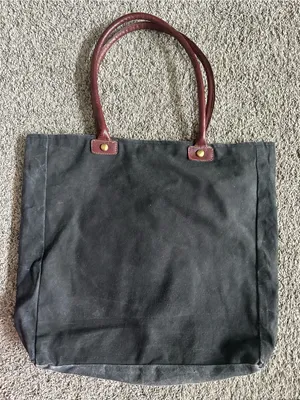 Mono B Black Canvas Tote with Brown Handles and Patterned Front Pockets thumbnail 3