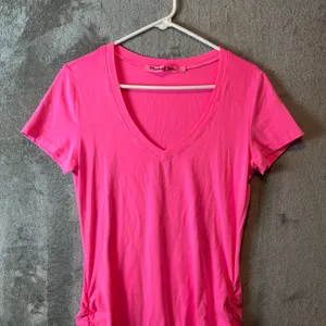 Michael Stars V Neck Ruched Side Mini Dress Hot Pink Size Large Summer‎ Cotton thumbnail 5