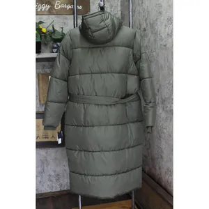 Sebby Collection Womens Long Belted Puffer Coat with Hood Jacket Olive Green S thumbnail 2