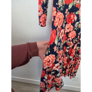 Sign Here Bright Red Floral Swing Midi Dress Jersey Modest Teacher Comfy Small thumbnail 4