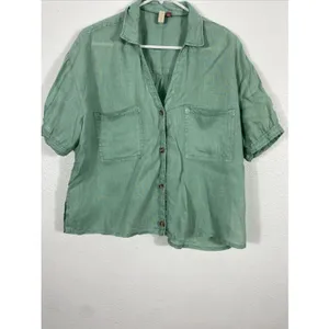 Pilcro Anthropologie Green Linen Blend Short Sleeve Button Up Cropped Shirt S thumbnail 3