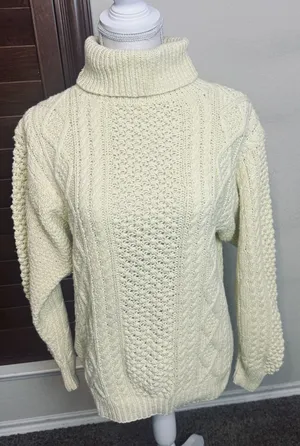 Butter Yellow Turtleneck‎ Sweater Cable Knit Pullover Cotton size L chunky thumbnail 1
