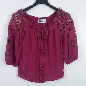 Meghan LA burgundy crochet floral blouse size medium thumbnail 1