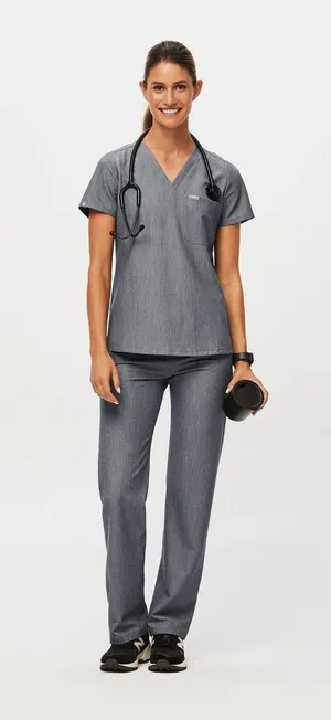 FIGS Catarina One-Pocket Scrub and Livingston Basic Scrub Pants set in Graphite thumbnail 1