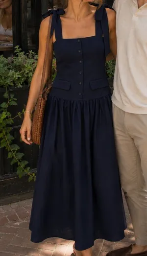NWT English Factory Silk Blend Square Neck Navy Tie-Shoulder Maxi Dress SMALL thumbnail 1