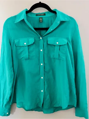 LAUREN Ralph Lauren Silk Blend Teal Turquoise Button Down Shirt Women Medium thumbnail 1