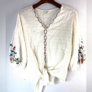 Max Studio L Boho Embroidered Cotton Front Tie Top thumbnail 11