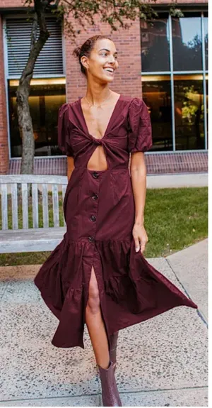 Lulus Midi Dress Wmns XS Burgundy Cottagecore Puff Sleeve Tiered Back Cutout Tie thumbnail 1