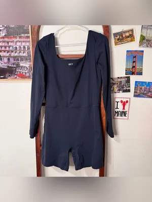 Set Active Navy Shortsuit One Piece Long Sleeve Bodysuit Bike Shorts thumbnail 2