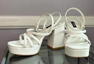 White Strappy Platform Ankle Strap High Block Heel Sandals Size 6 thumbnail 1