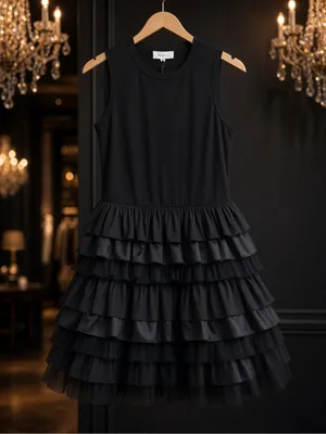 Sleeveless ruffle mix fabric tiered mini dress. Small thumbnail 1
