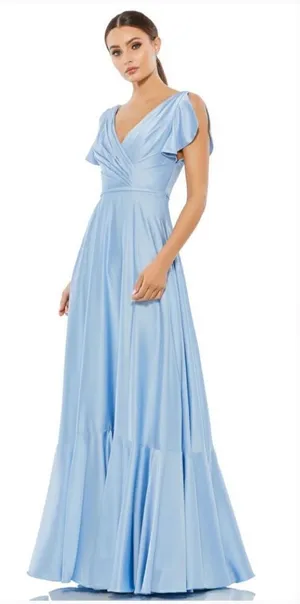 NWT Mac Duggal Blue FLOUNCE SLEEVE SATIN GOWN Missing Belt Size 2 thumbnail 1