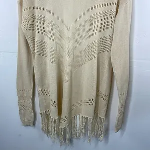 Wild Pearl Open Cardigan with fringe boho cotton crochet design Large cream thumbnail 11