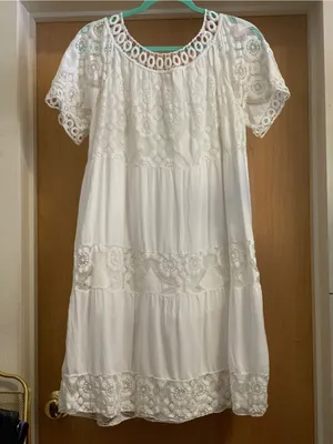 Unknown Women's Lace Tiered Short-Sleeve Dress in White Size-M/L thumbnail 4