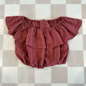 Urban Outfitters maroon grid off the shoulder ruffle coquette top thumbnail 2