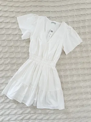 Abercrombie & Fitch White V-Neck Linen Smocked Waist Tiered Mini Dress thumbnail 2