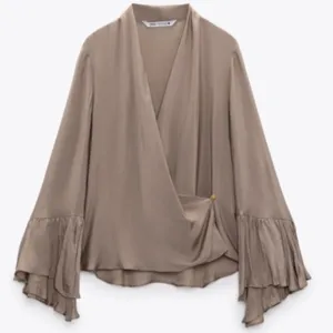 Zara Brown Taupe Long Bell Sleeve Drape Wrap Blouse Top NEW XL thumbnail 6