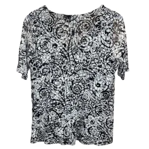 Chaus XL Womens Black White Abstract Swirl Mesh V-Neck Knot Front Blouse Top thumbnail 2