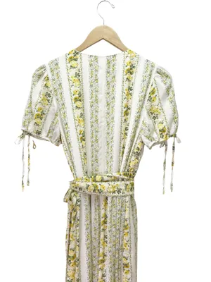 Gal Meets Glam Imogene Maxi Dress Sz 4 Yellow Floral Stripe Wrap Puff Sleeve GMG thumbnail 6