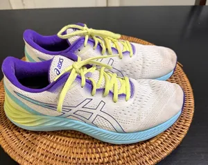 Asics Gel-Excite 8 Womens Running Shoes White Purple Lime Green Sneakers thumbnail 1