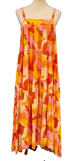 Abel The Label Boho Abstract Tiered Trapeze Maxi Dress Orange Pink, Size M thumbnail 1