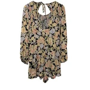 American Eagle Vintage Floral‎ Smocked Romper Long Sleeve Pockets Black Large thumbnail 2
