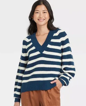 A New Day Blue & White Striped V-neck Knitted Nautical Baggy Sweater thumbnail 1