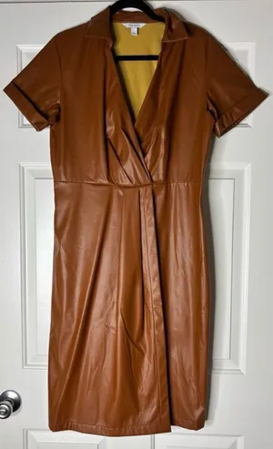 Nine West Tan Cognac Leather Wrap Midi Dress Sz L thumbnail 1