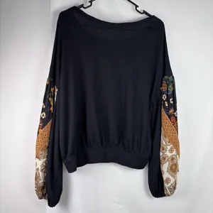 Free People Black Waffle Knit Mixed Print Balloon Sleeve Pullover Top (M/L) thumbnail 7
