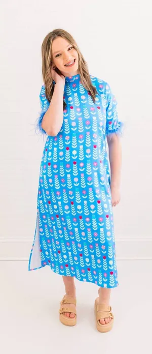Blue Patterned Maxi Dress with Puff Sleeves Size L thumbnail 1