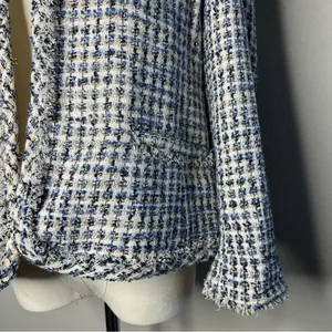 NEW Ann Taylor Blue Tweed Glitter Open Front Fringe Blazer Jacket Preppy Office thumbnail 6