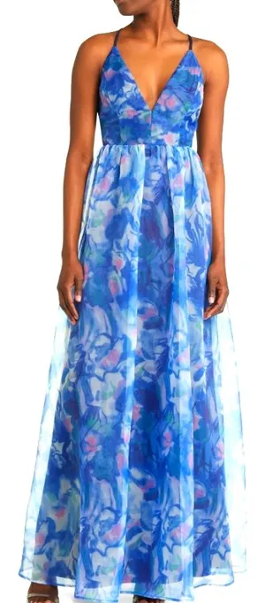 NWT LULUS Bloom Wildly Floral Organza Gown Navy blue SIZE M thumbnail 1