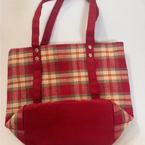 Longaberger Red Plaid Tote Bag Canvas Shoulder Carryall Market Travel Tote Small thumbnail 3