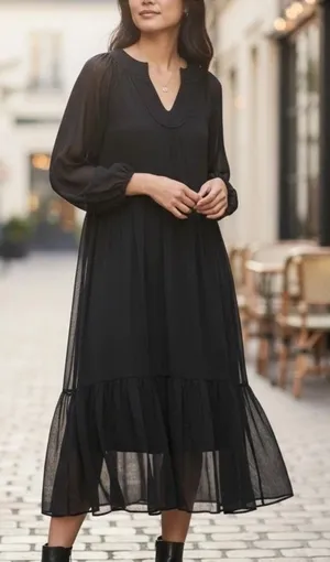 Soft Surroundings Olga Black Sheer Lined Tiered Maxi Dress L Elegant Timeless thumbnail 1