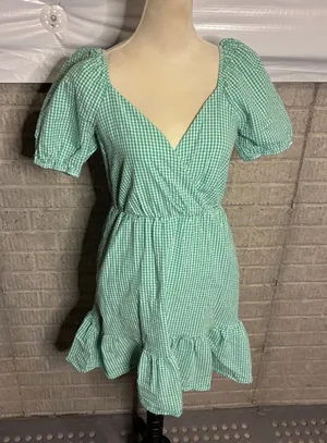Draper James RSVP Green Gingham Puff Sleeve Faux Wrap Mini Dress XS thumbnail 1