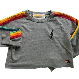 Aviator Nation Bolt Rainbow Stripe Cropped Classic Sweatshirt Size Small Grey thumbnail 2