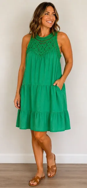 BTFBM‎ Green Crochet Lace Tiered Sleeveless Mini Dress NWT Boho Summer Halter thumbnail 1