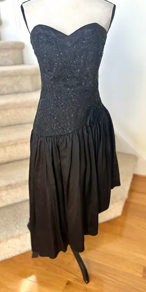 Vintage 80s Jessica McClintock Gunne Sax Black Lace Drop Waist Sweetheart Gown thumbnail 1