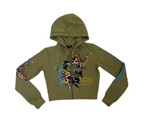 Ed Hardy Butterflies Y2K Olive Green Full Zip Cropped Hoodie Sweatshirt Medium thumbnail 1