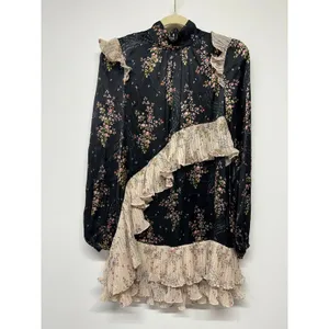 AMUR Devin Silk Ruffle‎ Mini Dress Floral High Neck Size 2 Black Prairie Cottage thumbnail 2